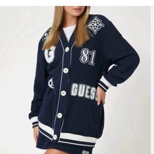Guess Noelle Boucle Varsity Women’s Navy Patches Cardigan Size Large NWT
